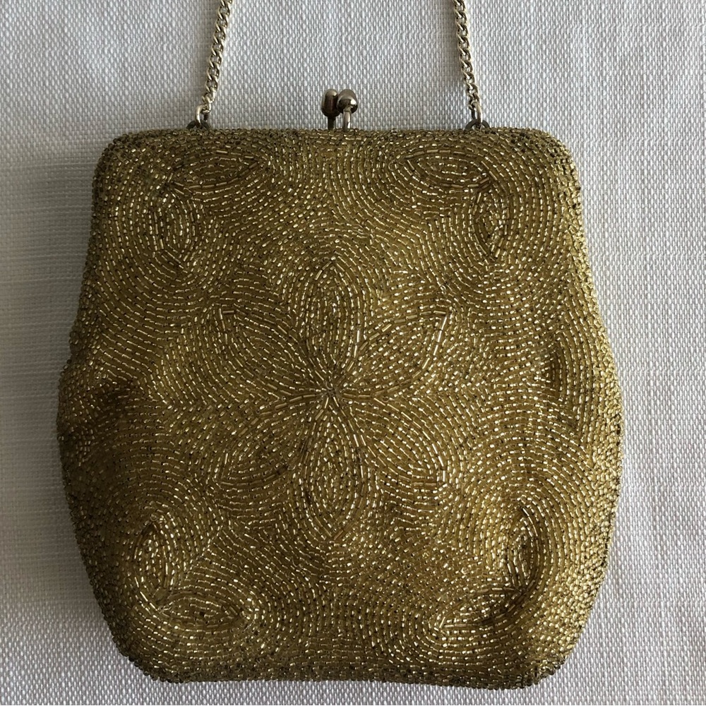 Vintage Evening Bag Gold Beaded Purse with Mirror